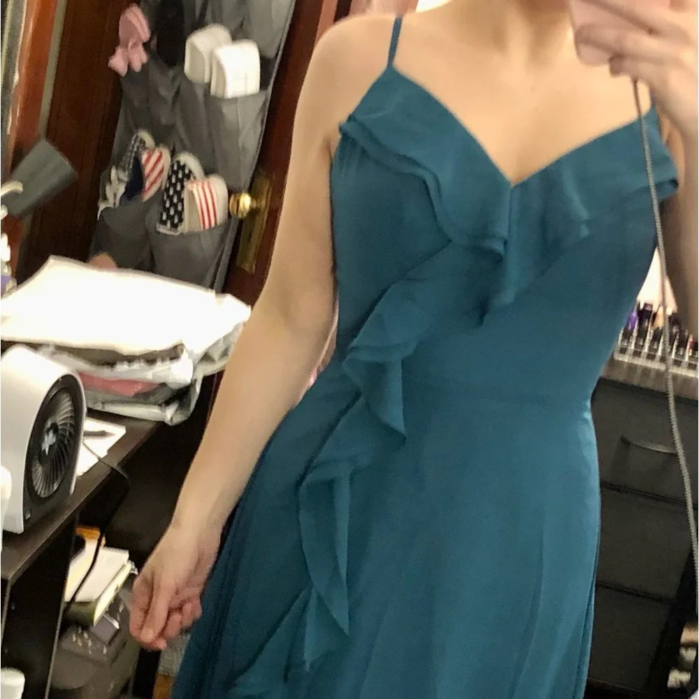 NEW Sheath / Column V-Neck Floor-Length Formal Dress w/ Ruffles - Picture 8 of 14